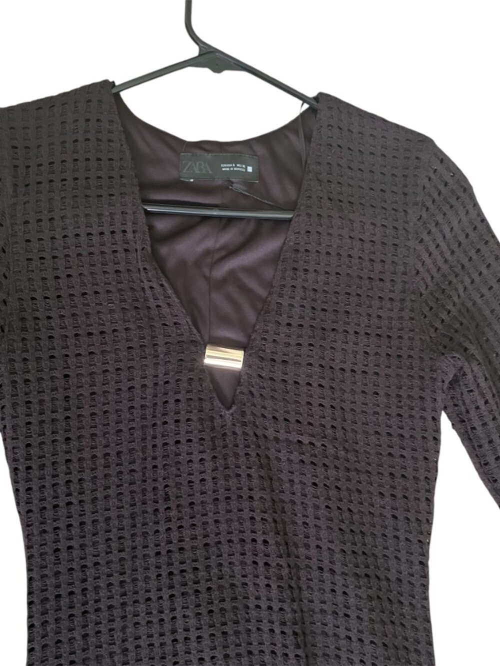ZARA Crochet Midi Dress Brown Gold Hardware Long Sleeve XL NWT Summer Vacation - Picture 8 of 13